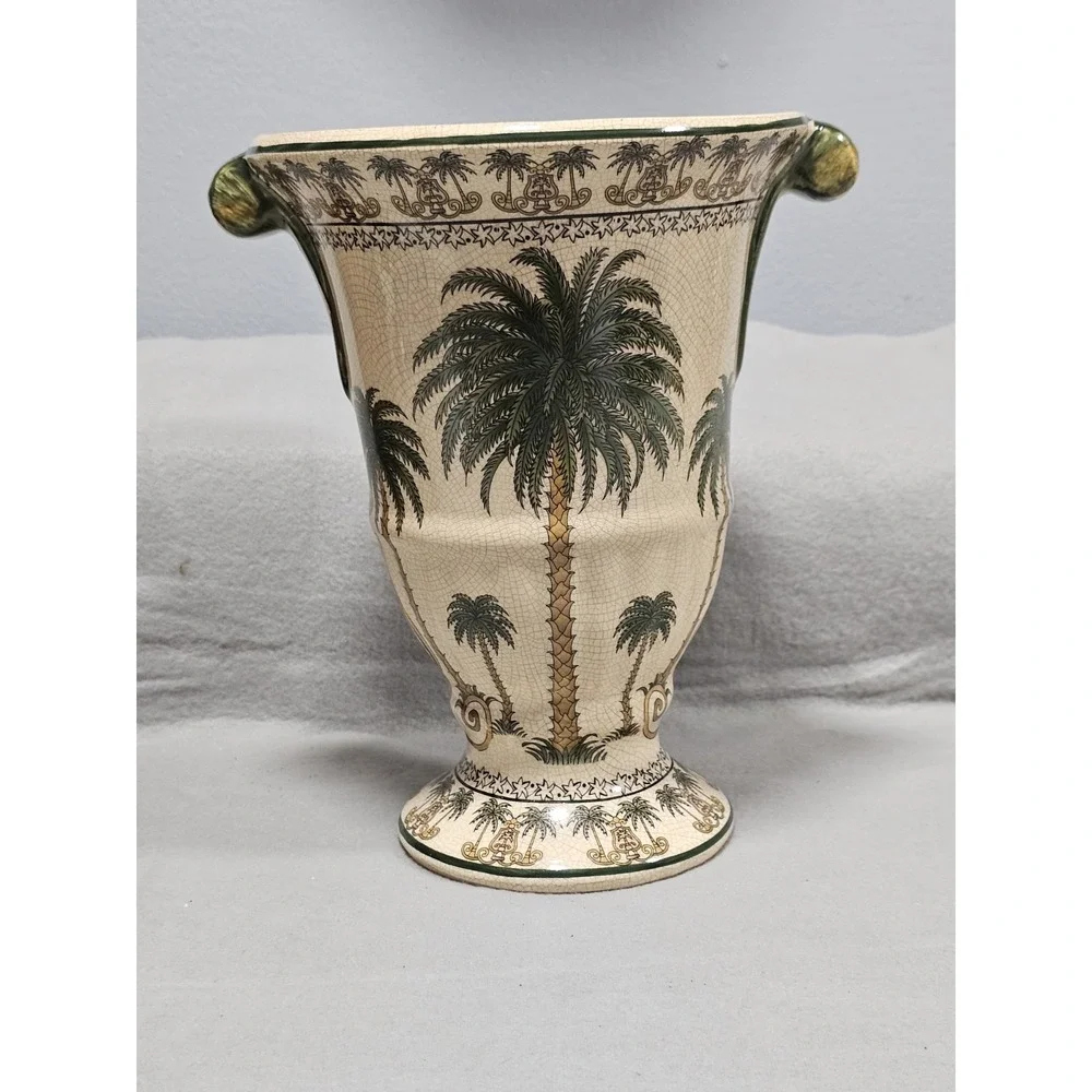 Vintage Tropical Palm Tree Ceramic Vase Crackle Glaze Urn Green Scrolled Handles